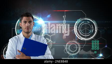 Composition on male doctor over screen with medical data processing Stock Photo