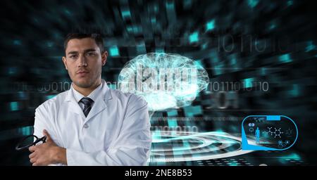 Composition on male doctor over screen with digital human brain and medical data processing Stock Photo