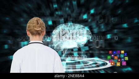 Composition on female doctor over screen with digital human brain and medical data processing Stock Photo