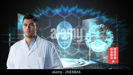 Composition on male doctor over screen with digital human brain and medical data processing Stock Photo