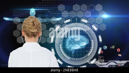 Composition on female doctor over screen with digital human brain and medical data processing Stock Photo
