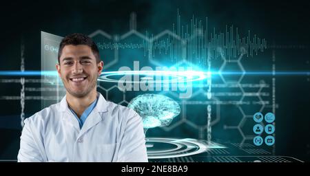 Composition on male doctor over screen with digital human brain and medical data processing Stock Photo