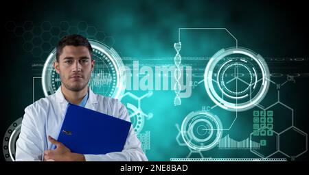 Composition on male doctor over screen with medical data processing Stock Photo