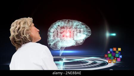 Composition on female doctor over screen with digital human brain and medical data processing Stock Photo