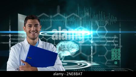 Composition on male doctor over screen with digital human brain and medical data processing Stock Photo