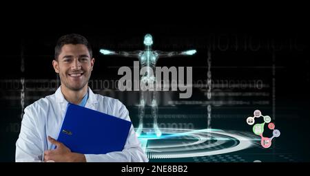 Composition on male doctor over screen with digital human body and medical data processing Stock Photo