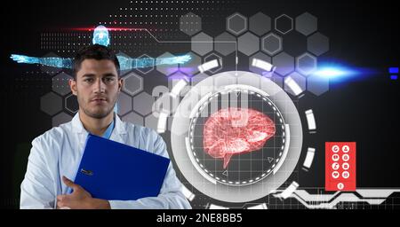 Composition on male doctor over screen with digital human brain and medical data processing Stock Photo