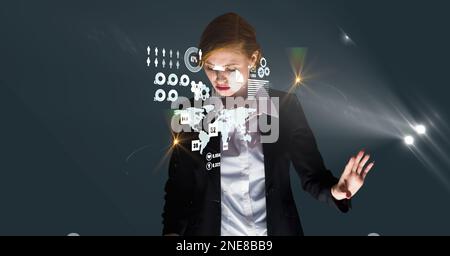 Composition of caucasian businesswoman touching screen with data processing Stock Photo
