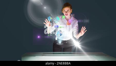 Composition of caucasian businesswoman touching screen with data processing Stock Photo
