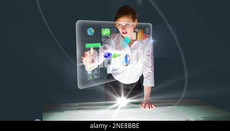 Composition of caucasian businesswoman touching screen with data processing Stock Photo