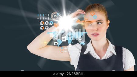 Composition of caucasian businesswoman touching screen with data processing Stock Photo