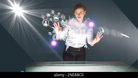 Composition of caucasian businesswoman touching screen with data processing Stock Photo