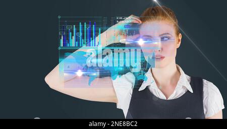 Composition of caucasian businesswoman touching screen with data processing Stock Photo