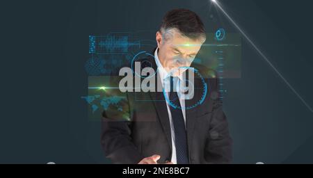 Composition of caucasian businessman touching screen with data processing Stock Photo