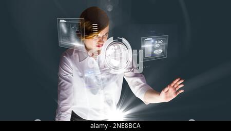 Composition of caucasian businesswoman touching screen with data processing Stock Photo