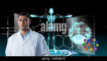 Composition on male doctor over screen with digital human brain and medical data processing Stock Photo