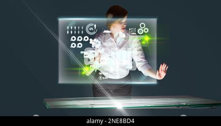 Composition of caucasian businesswoman touching screen with data processing Stock Photo