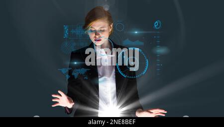 Composition of caucasian businesswoman touching screen with data processing Stock Photo