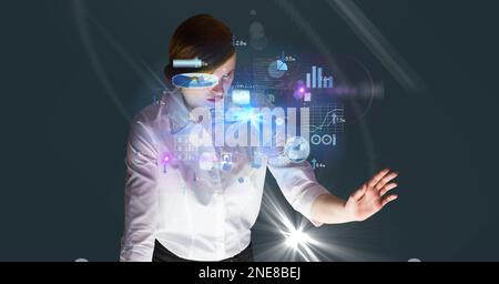 Composition of caucasian businesswoman touching screen with data processing Stock Photo