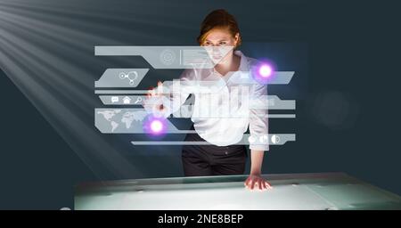 Composition of caucasian businesswoman touching screen with data processing Stock Photo
