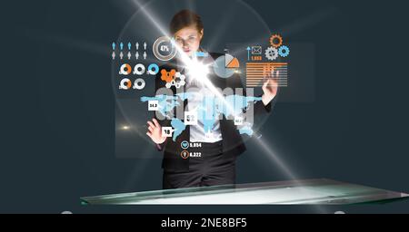 Composition of caucasian businesswoman touching screen with data processing Stock Photo