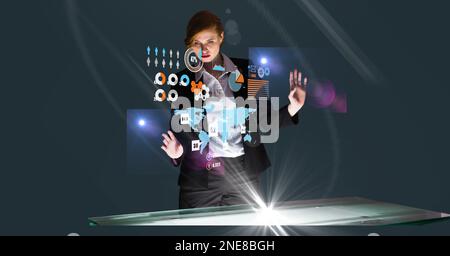 Composition of caucasian businesswoman touching screen with data processing Stock Photo