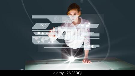 Composition of caucasian businesswoman touching screen with data processing Stock Photo