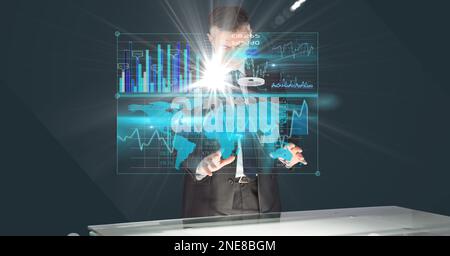 Composition of caucasian businessman touching screen with data processing Stock Photo