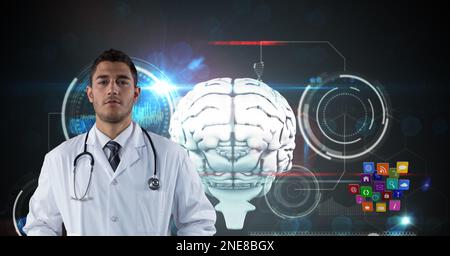 Composition on male doctor over screen with digital human brain and medical data processing Stock Photo