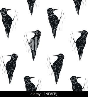Vector seamless pattern of hand drawn colored woodpecker bird isolated on white background Stock Vector