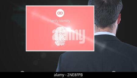 Composition of businessman and screen with biometric fingerprint. global online identity and digital interface concept digitally generated image. Stock Photo