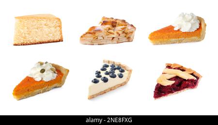 Set Of Tasty Apple Pie Pieces On White Background Stock Photo - Alamy