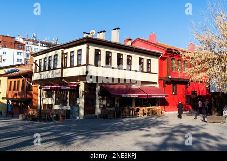 Odunpazari, Eskisehir, Turkey  01-21-2023: Traditional Turkish houses in Odunpazari. Colorful Odunpazari District houses view in Eskisehir City. Stock Photo