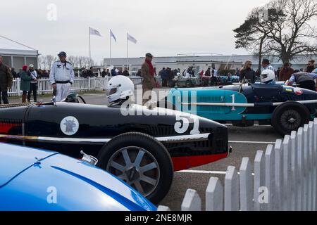 Tim Dutton 1934 Bugatti Type 51 & Christopher Mann 1931 Alfa Romeo 8C 2600 Monza, Assembly Area,79th Members' Meeting, Goodwood, West Sussex, UK Stock Photo