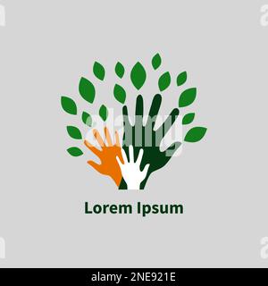 Tree logo with hands. Support, help concept, community icon. Vector illustration Stock Vector