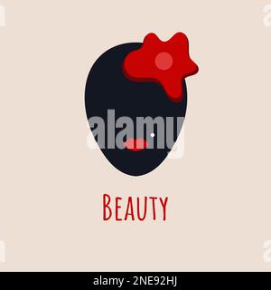 faceless female black flat face with red lips and flower. logo for spa, masks, beauty salon icon Stock Vector