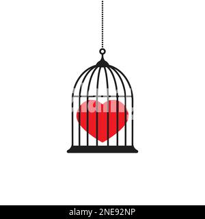 Locked bird cage with red heart icon. Trap, imprisonment, jail concept. Hidden emotions and feelings. Secret unhappy love. Stock Vector