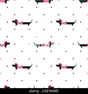 Dachshund artist dog with pink beret and sweater seamless pattern. Flat provence vector ornament on white background. Animal fabric or card print. Dog Stock Vector