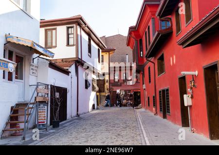 Odunpazari, Eskisehir, Turkey  01-21-2023: Traditional Turkish houses in Odunpazari. Colorful Odunpazari District houses view in Eskisehir City. Stock Photo