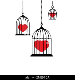 Locked bird cage with red heart icon. Trap, imprisonment, jail concept. Hidden emotions and feelings. Secret unhappy love. Stock Vector