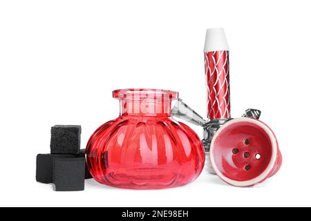 Parts of modern red hookah on white background Stock Photo
