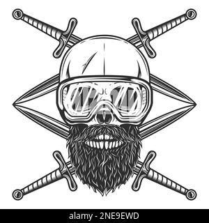 Skull with mustache and beard in construction safety glasses and crossed sword Isolated on white background monochrome illustration Stock Photo
