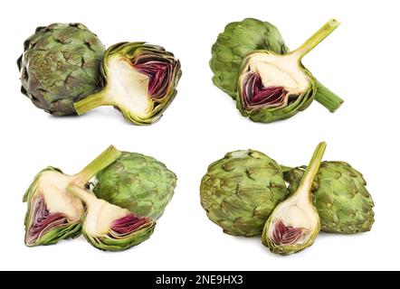 Set with fresh raw artichokes on white background Stock Photo