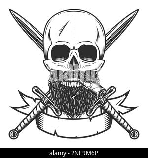 Skull smoking cigar or cigarette with mustache and beard and crossed sword Isolated on white background monochrome illustration Stock Vector