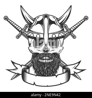 Viking skull with mustache and beard in horned helmet and crossed sword Isolated on white background monochrome illustration Stock Vector