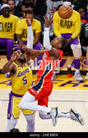 New Orleans Pelicans guard Josh Richardson (R) shoots under pressure from Los Angeles Lakers guard Malik Beasley (L) during an NBA basketball game in Los Angeles. (Photo by Ringo Chiu / SOPA Images/Sipa USA) Stock Photo