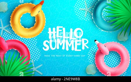 Hello summer vector design. Hello summer greeting text with inflatable duck, flamingo and bird floaters element. Vector illustration summer background. Stock Vector