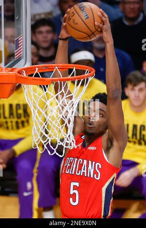 Los Angeles, United States. 15th Feb, 2023. New Orleans Pelicans forward Herbert Jones dunks against the Los Angeles Lakers during an NBA basketball game, in Los Angeles. Credit: SOPA Images Limited/Alamy Live News Stock Photo