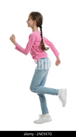Cute little girl running on white background Stock Photo