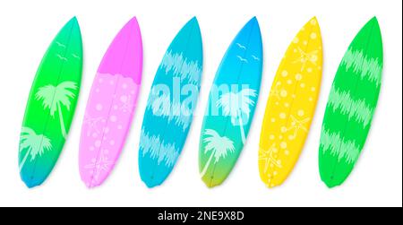 Summer surfboard set. Summer surf board element in colorful pattern and design. Vector illustration summer elements collection. Stock Vector
